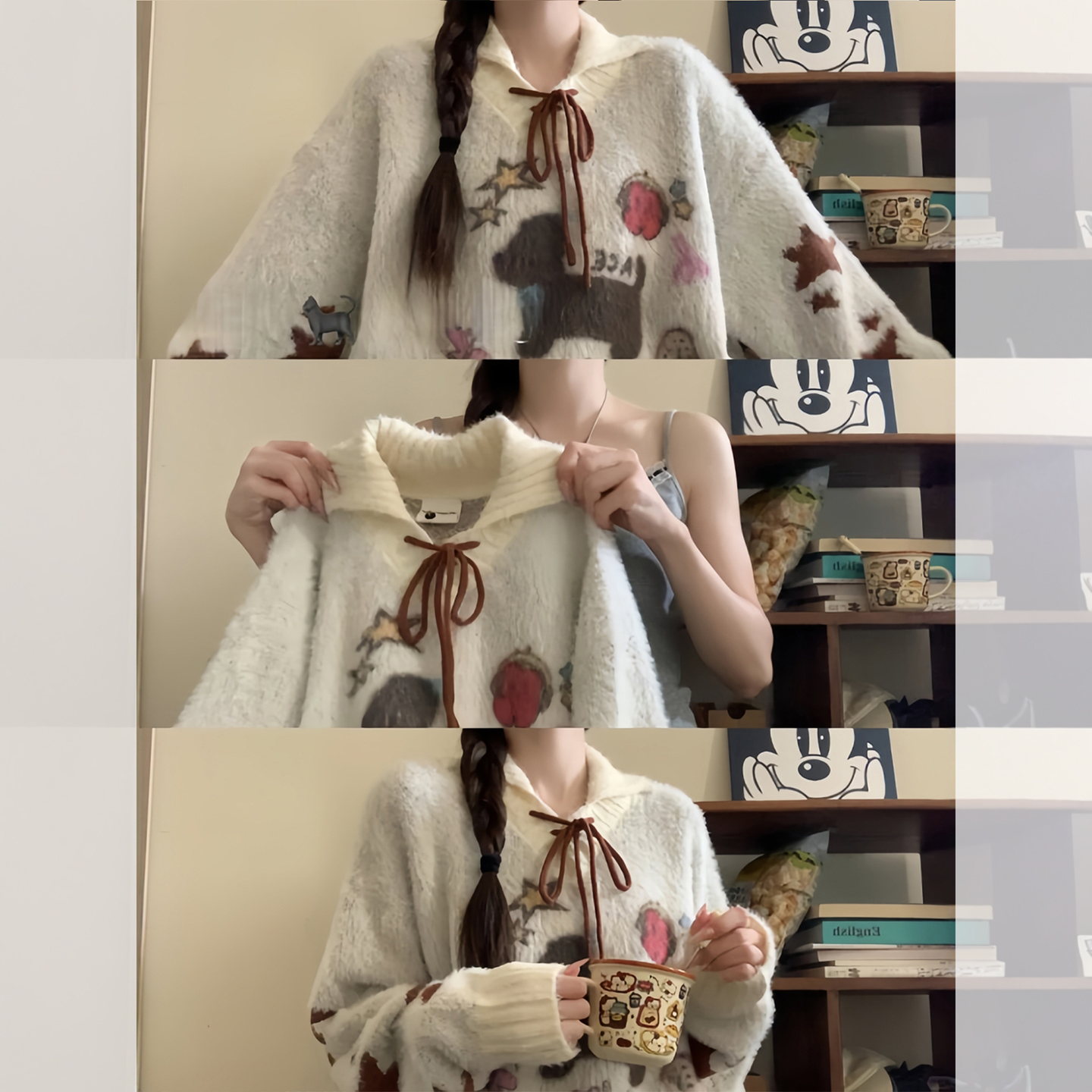 米白色卡通小狗提花套头毛衣针织衫女2025早秋季慵懒风巨好看上衣