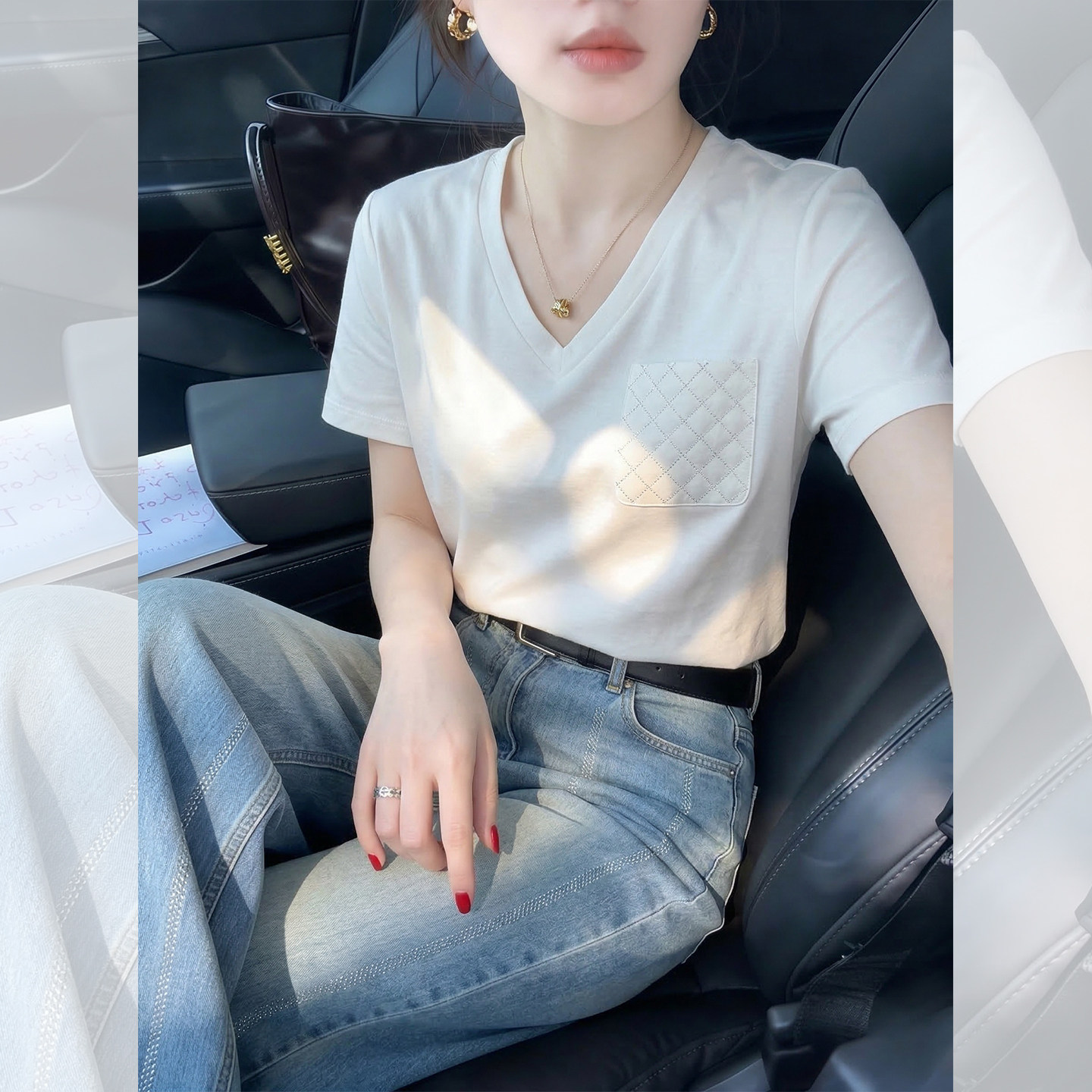 新款白色V领格纹口袋休闲短袖T恤女2026夏季绝美独特漂亮设0413z