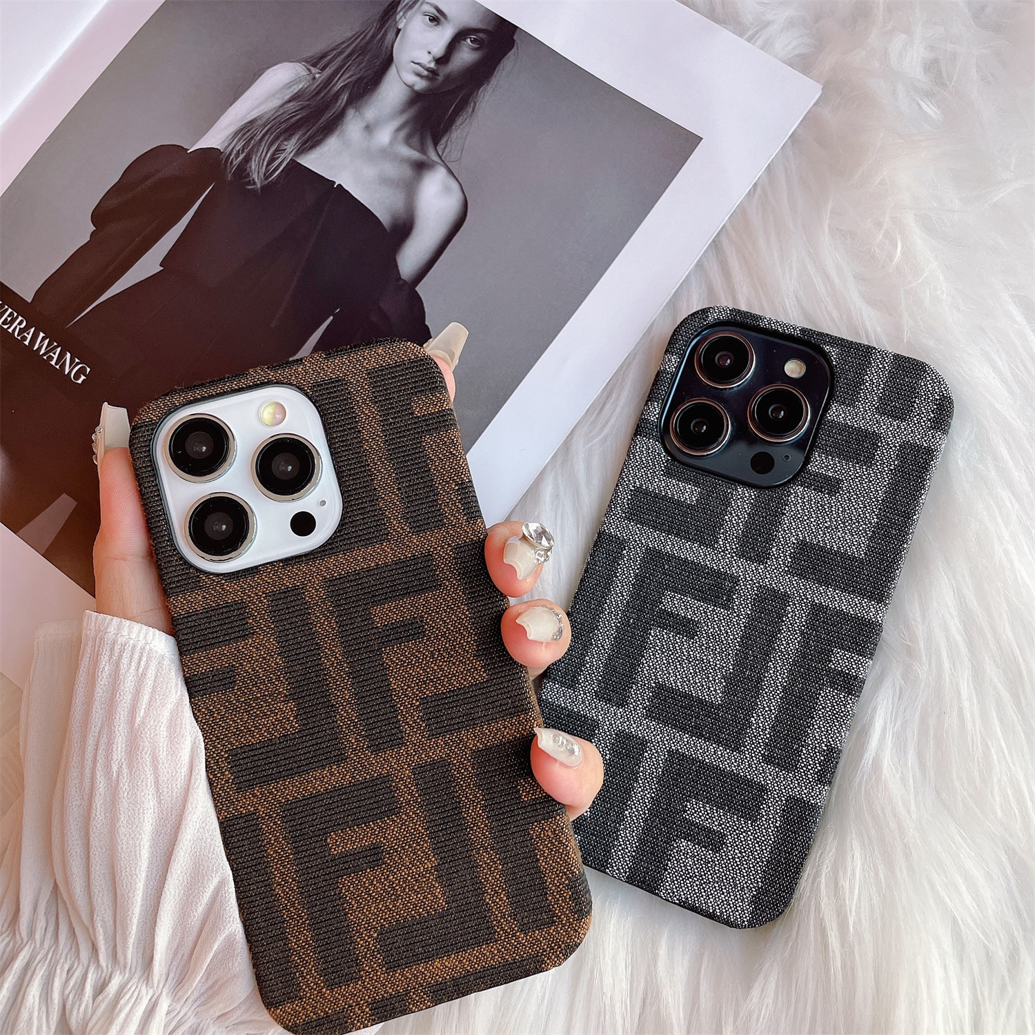 新款17air经典欧美潮牌布面双F字母15适用苹果14手机壳iP