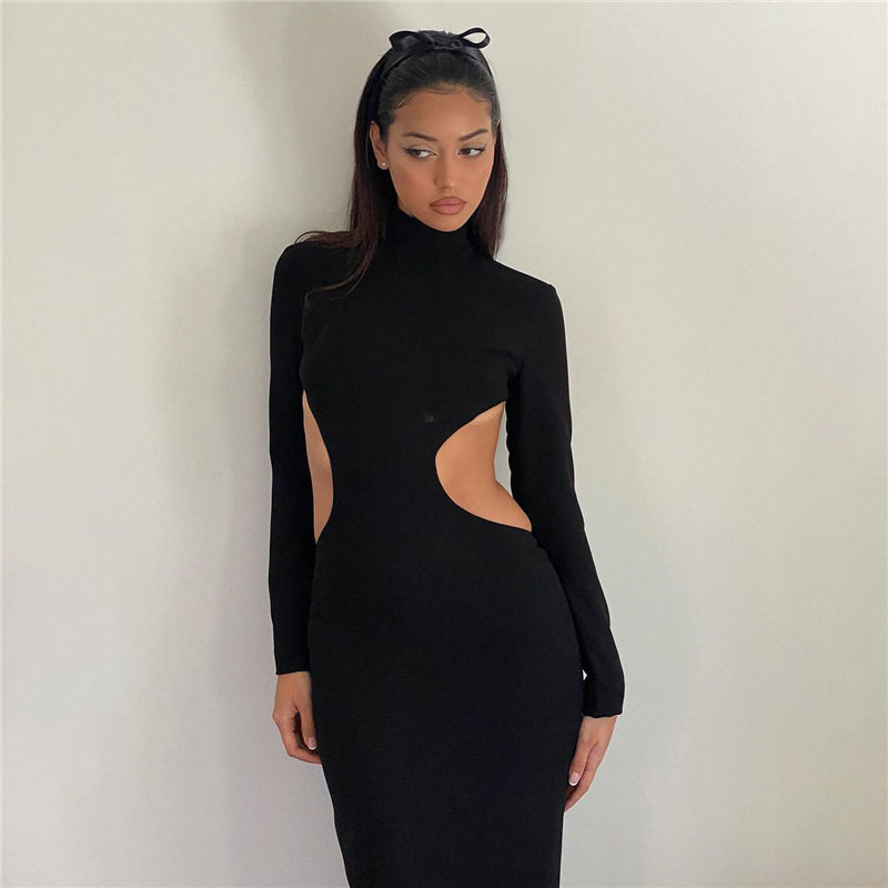 欧美风2024秋季女装新款性感长袖镂空纯色高腰修身显瘦长款连衣裙