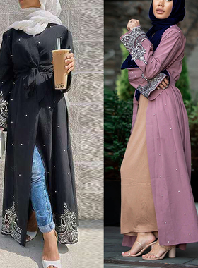 马来西亚服装长袖绣花钉珠长袍女长款开衫女open abaya