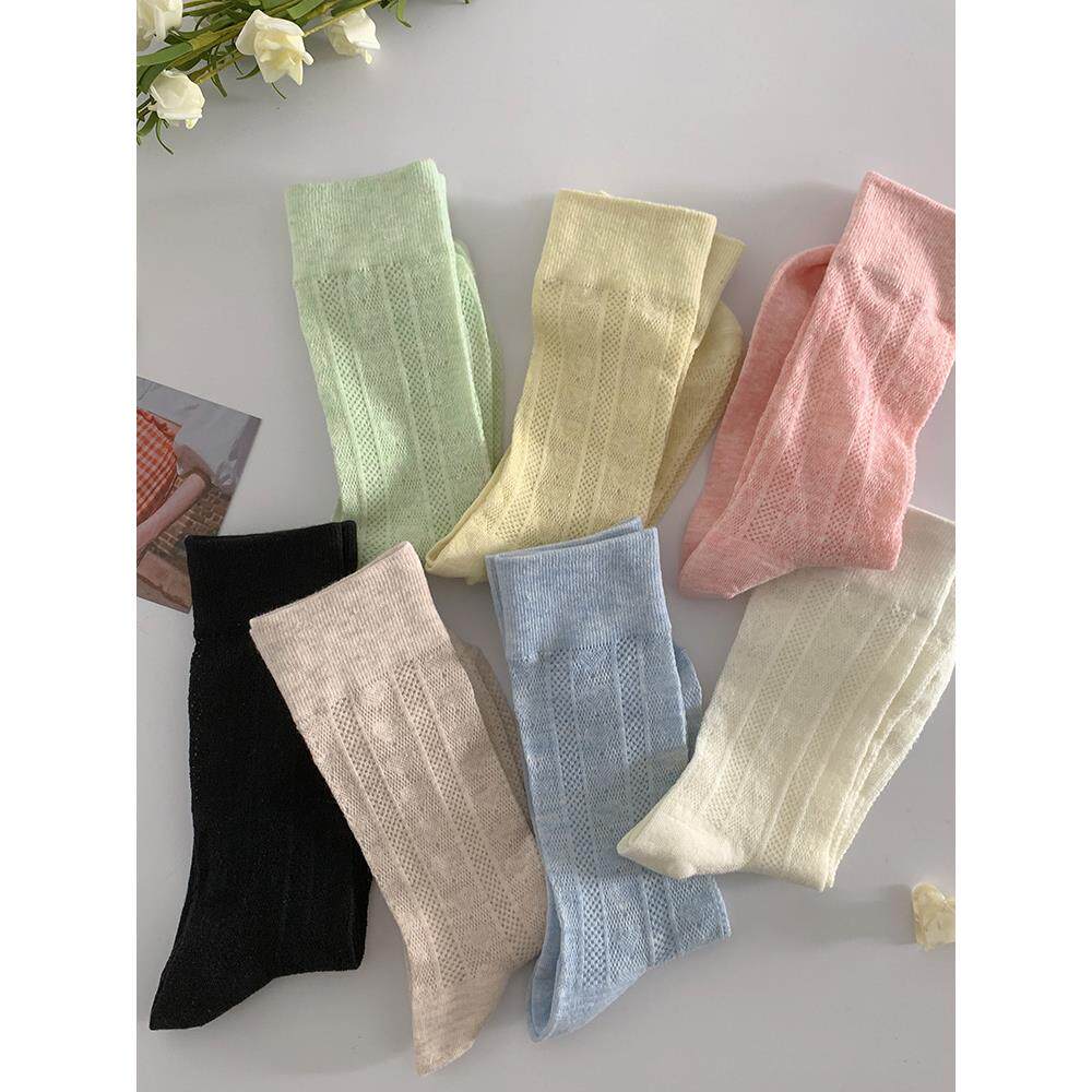 糖果色夏季镂空网眼薄款袜子女中筒袜ins潮纯色个性百搭堆堆棉袜