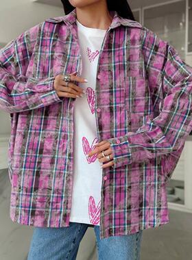 Plaid Women Shirt 美式新款开衫格纹翻领长袖百搭休闲宽松衬衫女