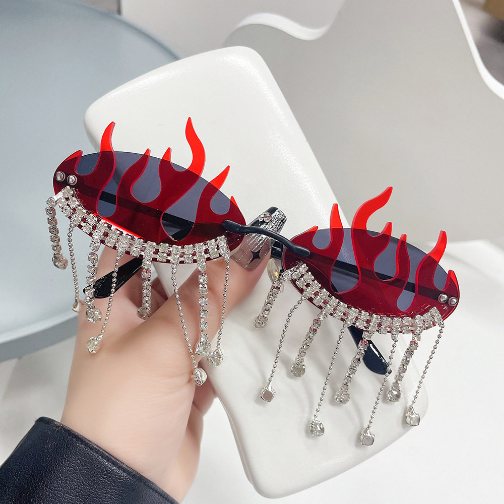 欧美新款火焰个性太阳镜镶钻流苏挂坠夸张凹造型眼镜sunglasses