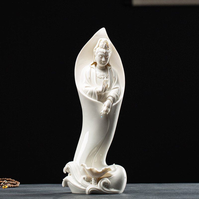 久造德化白瓷滴水一叶观音佛像摆件家用供奉陶瓷观世音菩萨装饰品