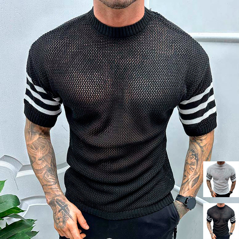Hollow-knit T-shirt欧美男装镂空针织衫短袖圆领提花透气针织T恤