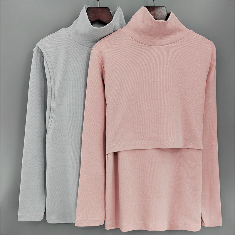 纯棉哺乳秋衣高领秋冬季加厚孕妇装月子服大码喂奶上衣线衣打底衫