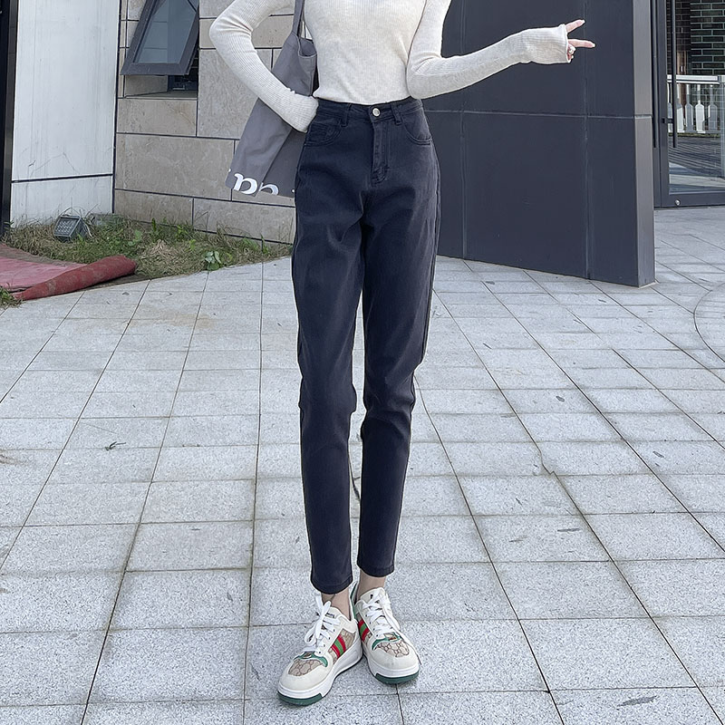 2024年新款春夏梨型身材牛仔裤女高腰烟灰色小脚萝卜哈伦裤子显瘦
