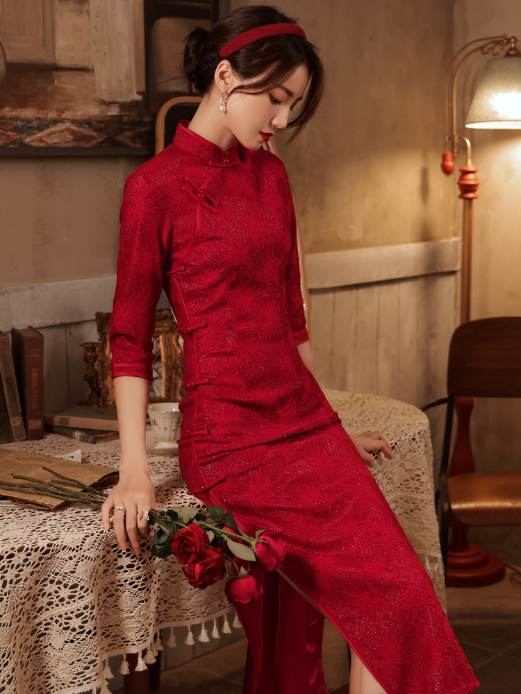 Ocnltiy新中式红色改良旗袍2024春秋新款女装新娘订婚回门敬酒服