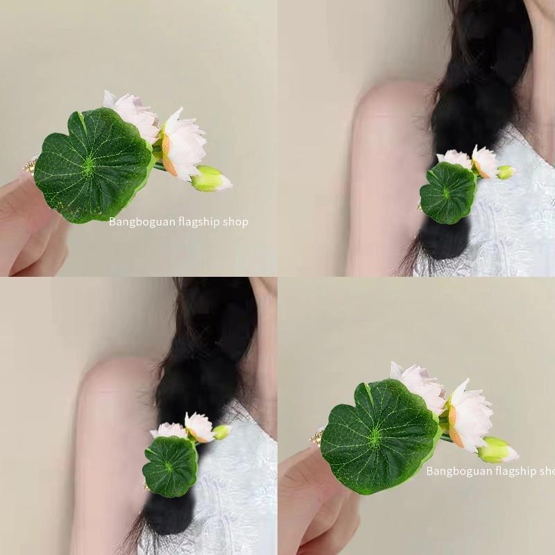 一朵夏莲绢花荷叶发夹古