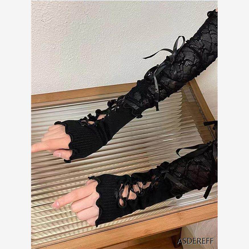 黑色长款手套lolita蕾丝手袖女拼接芭蕾风丝绑带臂袖套cos甜酷风