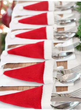 Christmas decorations Santa hat knife fork set wine bottle