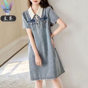 主慕2024夏季新款时尚韩版显瘦百搭气质翻领泡泡袖直筒牛仔连衣裙