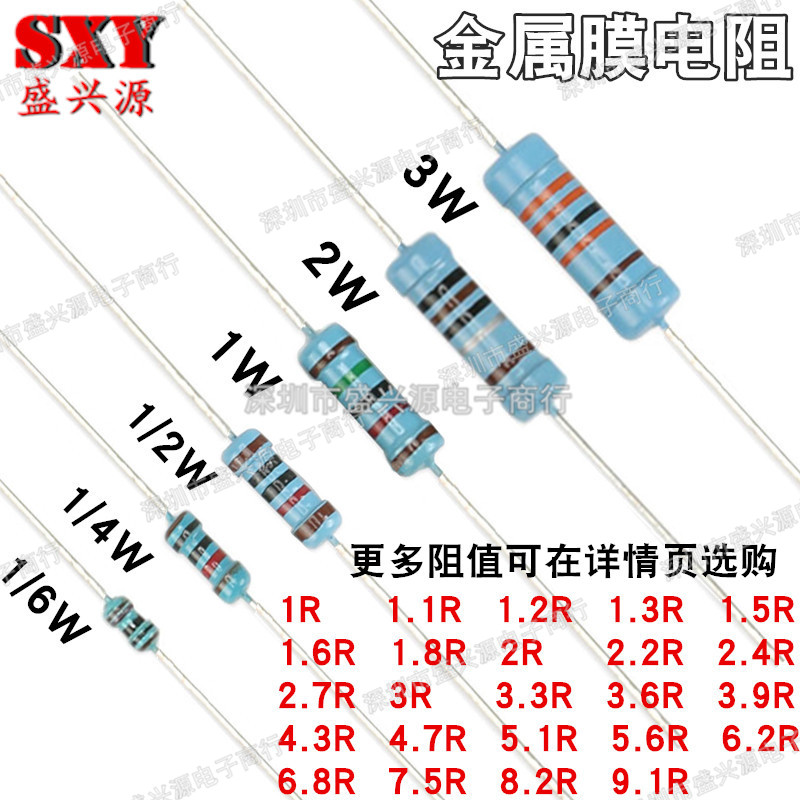 1/6W1/4W1/2W1W2W3W1%金属膜电阻1R2R2.4R3R3.9R5.1R5.6R6.8R9.1R