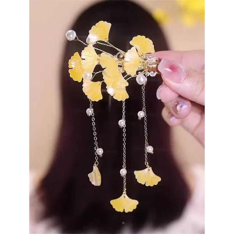银杏叶天然贝壳流苏发夹