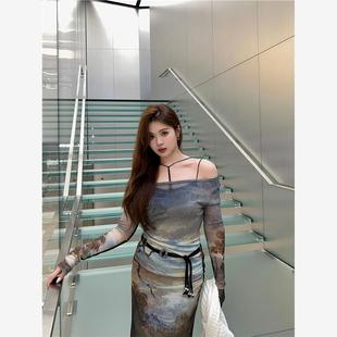 大码mm小众废土风油画印花吊带连衣裙长袖网纱侧开叉连衣裙两件套