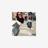 新款 女装 韩版 2020夏季 黑白拼接修身 A字裙牛仔显瘦套头短裙连衣裙