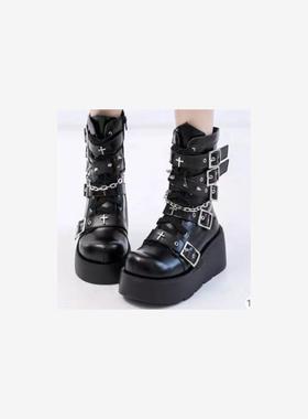 Demonia厚底靴朋克机车中筒靴女辣妹机车靴大码women wedge boots