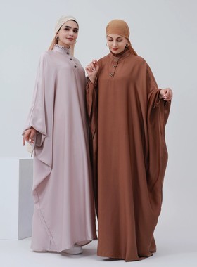 马来西亚民族风沙特中东土耳其纯色民族风蝙蝠袖长袍Dubai caftan
