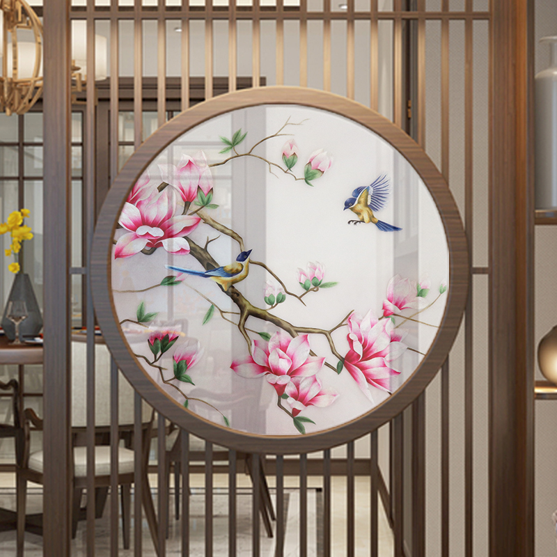苏绣双面绣屏风山水花鸟圆形家居古典现代装饰画中式隔断手工刺绣图片