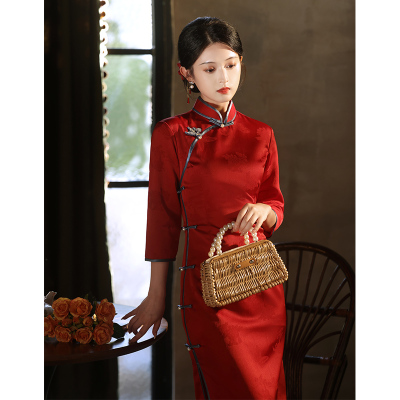 Ocnltiy红色旗袍新款敬酒服新娘提花长袖结婚订婚礼服改良小个子