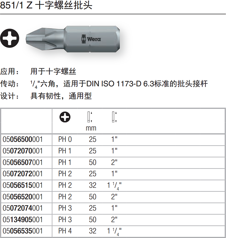 德国Wera维拉851/1 Z PH0 PH1 PH2 PH3 PH4十字螺丝批头25mm