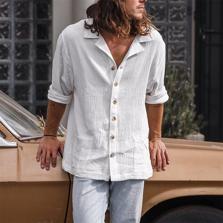 Men's White Casual Tops T Shirt Man Blouse Long Sleeve Vinta