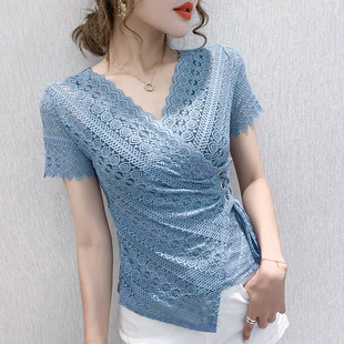 3XL Lace Tops Women Summer Blouse Sexy Hollow Out Shirts T恤