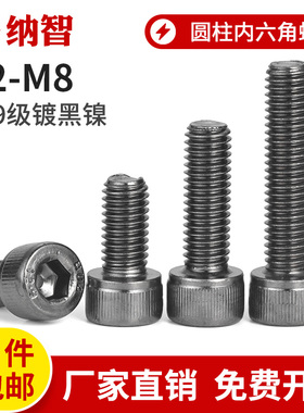 NZ 12.9级镀黑镍圆柱内六角螺丝钉高强度栓杯头加长M2.5M3M4M6M8
