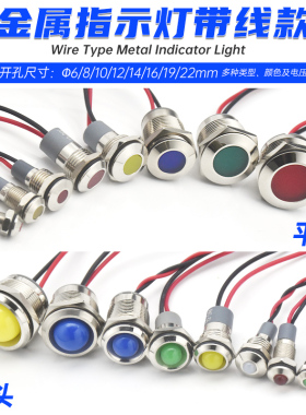 瑞沃尔带线LED金属信号指示灯6 8 10 12 14mm 3V5V6V12V24V