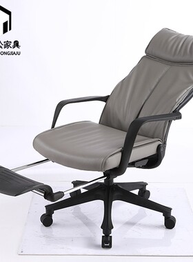 灰色西皮办公椅带脚踏电脑椅职员椅伸缩脚垫可午休值班室大班皮椅