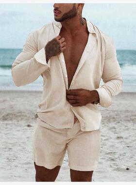 shirts for men +shorts 男士纯色套装 欧美长袖衬衫短裤两件套