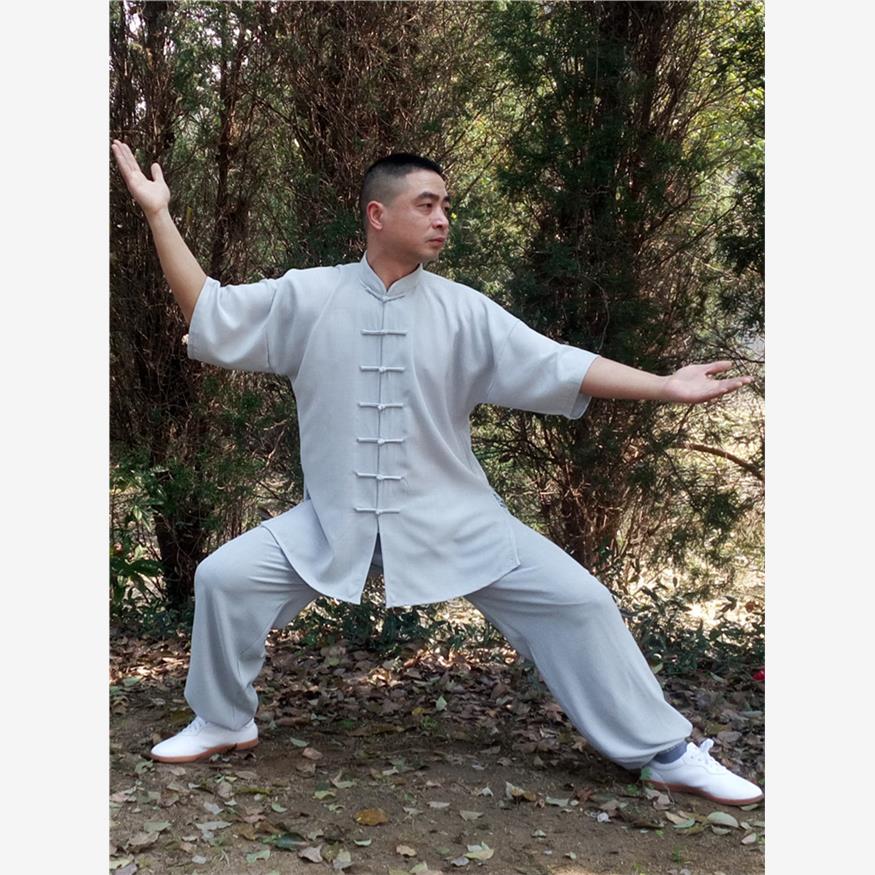 夏季短袖太极服棉麻武术练功服男功夫服亚麻中袖太极拳服表演服装