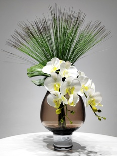 样板房客厅茶几装 现代轻奢仿真花艺咖色玻璃花器家居软装 饰品摆件