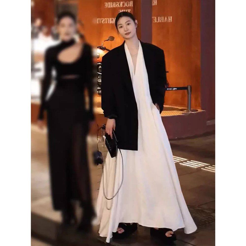 法式白色海边度假连衣裙西装吊带裙2024春季新款女装气质长裙套装