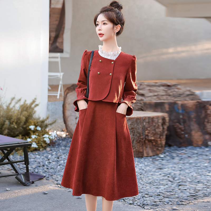 潮牌气质女神范长袖连衣裙女2023春秋新款女装拼接假两件西装裙女