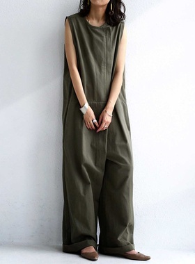 日系绿色宽松高个子阔腿拖地长裤23夏新气质无袖棉麻连体裤连体衣