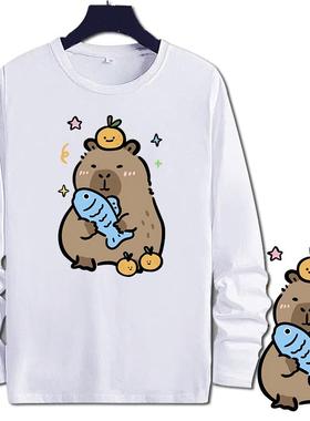 萌系卡皮巴拉水豚金毛修狗宽松长袖t恤秋冬可爱打底衫男女情侣装