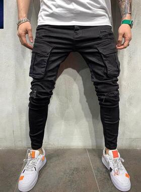 2024男士裤男士牛仔裤美式大码潮流长裤黑色修身小脚裤Men PAnTS