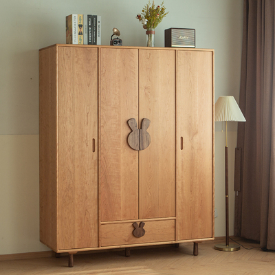 北美樱桃木全实木四门儿童衣柜黑胡桃木橡木小衣橱儿童房家具定制