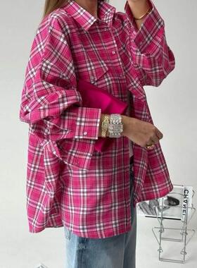 Plaid Women Shirt 美式新款开衫格纹翻领长袖百搭休闲宽松衬衫女