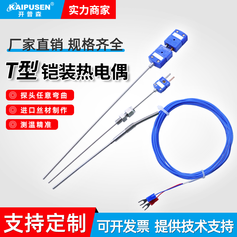 开普森T型铠装热电偶温度传感器探针测低温液氮-200度探头可弯曲