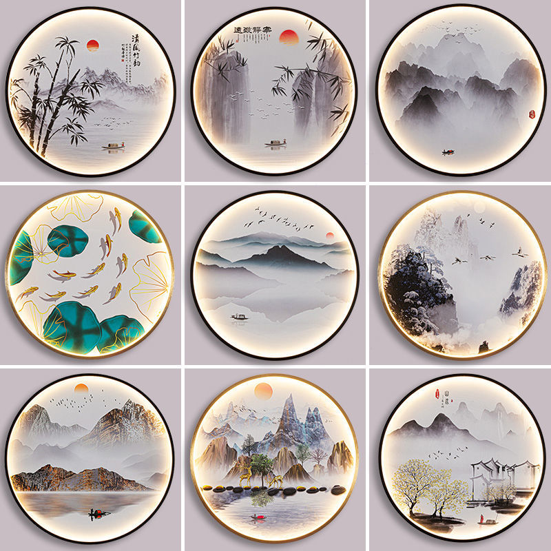 圆形客厅山水画壁灯新中式玄关楼梯餐厅茶室禅意背景墙装饰画壁灯图片