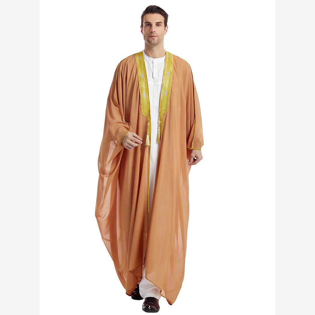 Muslim Arab Men Thobe Thawb Caftan阿拉伯长袖吊须金珠雪纺外披