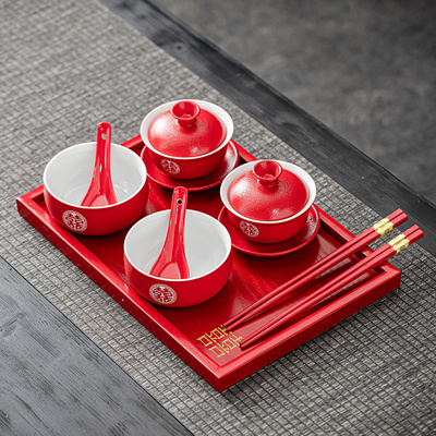 敬茶杯套装喜碗红陶瓷一