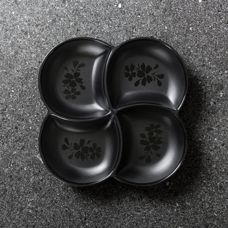 祥源美密胺餐具商用饭店餐厅分格盘仿瓷黑色异形小吃盘创意防摔盘