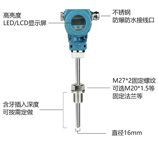 sbwz-2480/230智能温度变送器4-20ma带显示l=700mm0-500℃m20*1.5