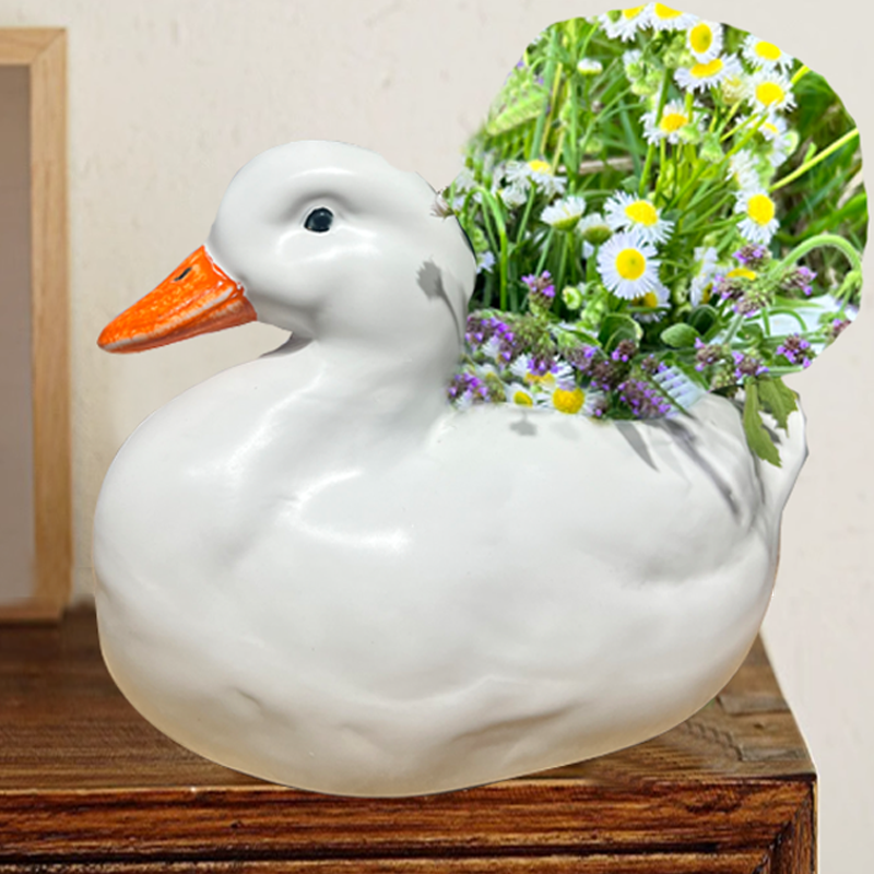 陶瓷鸭子插花桌面摆件庭院阳台装饰造景田园家居水培绿萝花盆花器