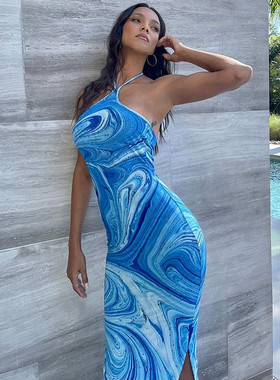 woman clothes 欧美度假风时尚蓝色海浪印花挂脖露背侧开叉中长包