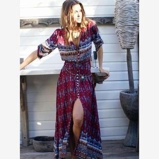 波西米亚长裙沙滩裙中长款海边度假前开叉V领显瘦棉绸海滩裙女夏